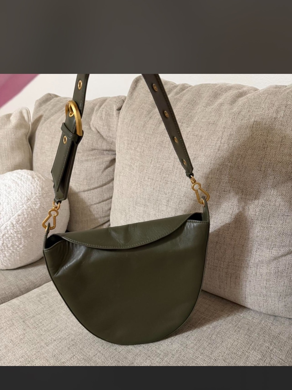 Vince Camuto Dark Olive Crescent Shoulder Bag with Gold Hardware